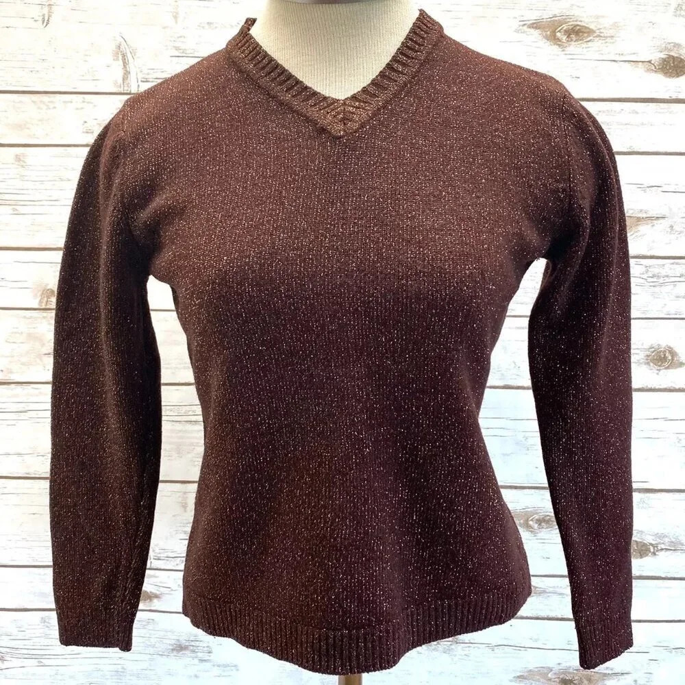 Women Long Sleeve Pull Over V-Neck Gold & Maroon Casual Sweater Size Small